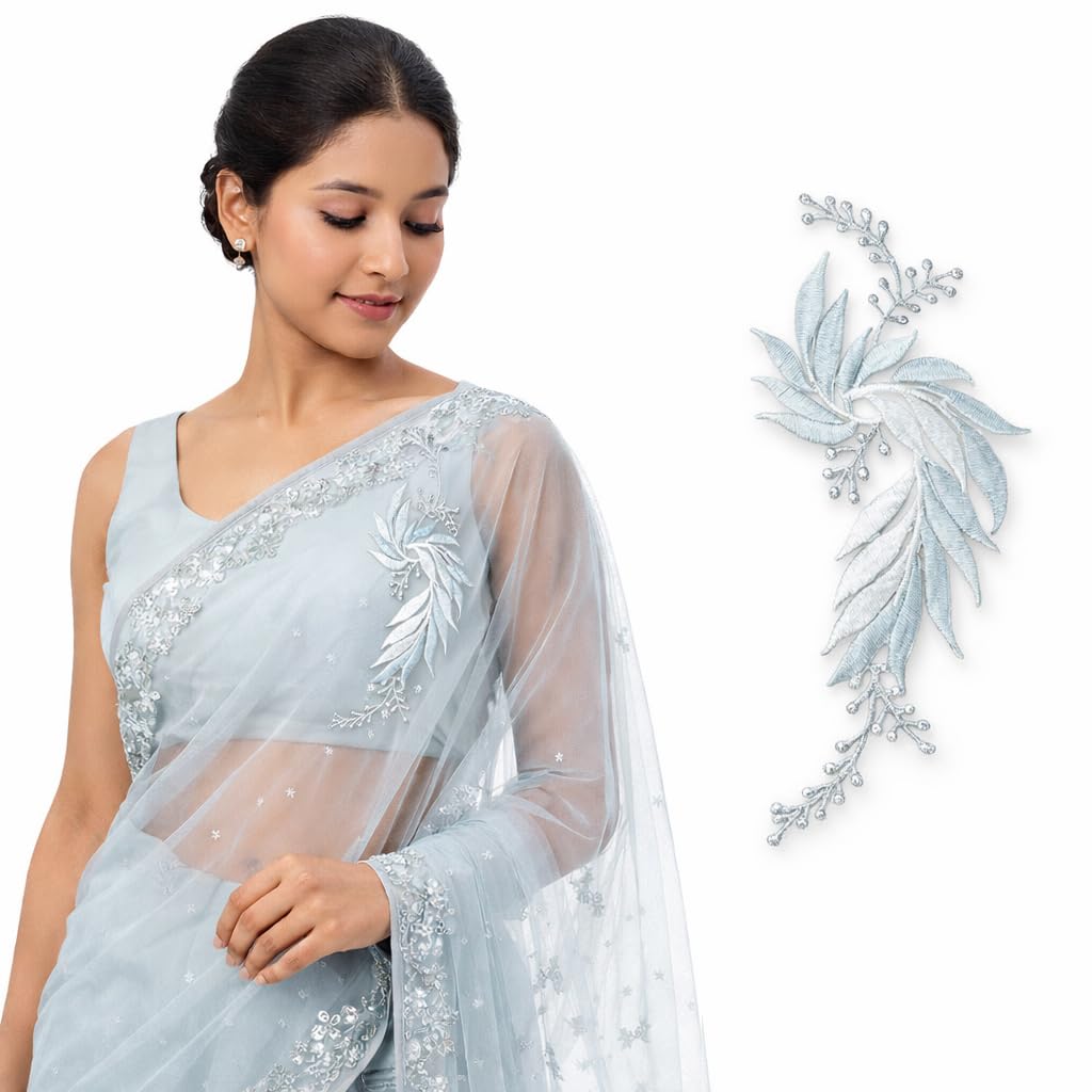 S.A.V.I White Blue & Silver Floral Iron-On Embroidered Appliqué Patch 7.5 x 17 cm | Leaf Motif Threadwork Design for Dresses, Sarees, Blouses & DIY Fabric Craft (Right, White-Blue, 7.5 x 17 cm)