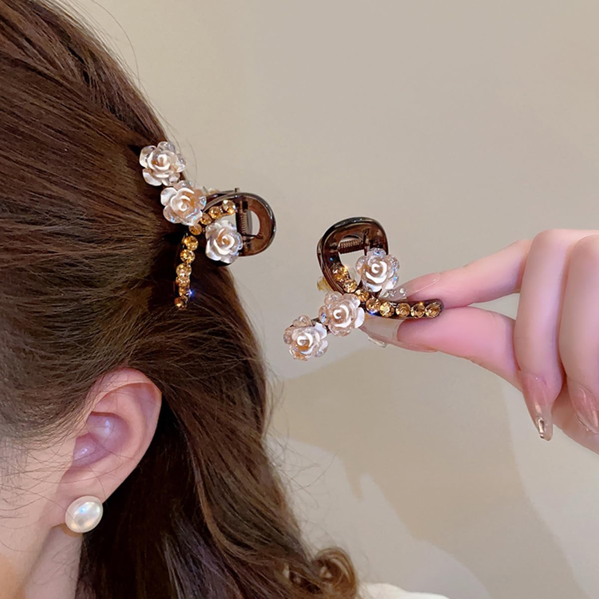 S.A.V.I Mini Brown Hair Claw Clip for Women & Girls – Small Rose Flower Crystal Design – Elegant Decorative Hair Accessory – Stylish Strong Grip Hair Holder for Daily Use & Party