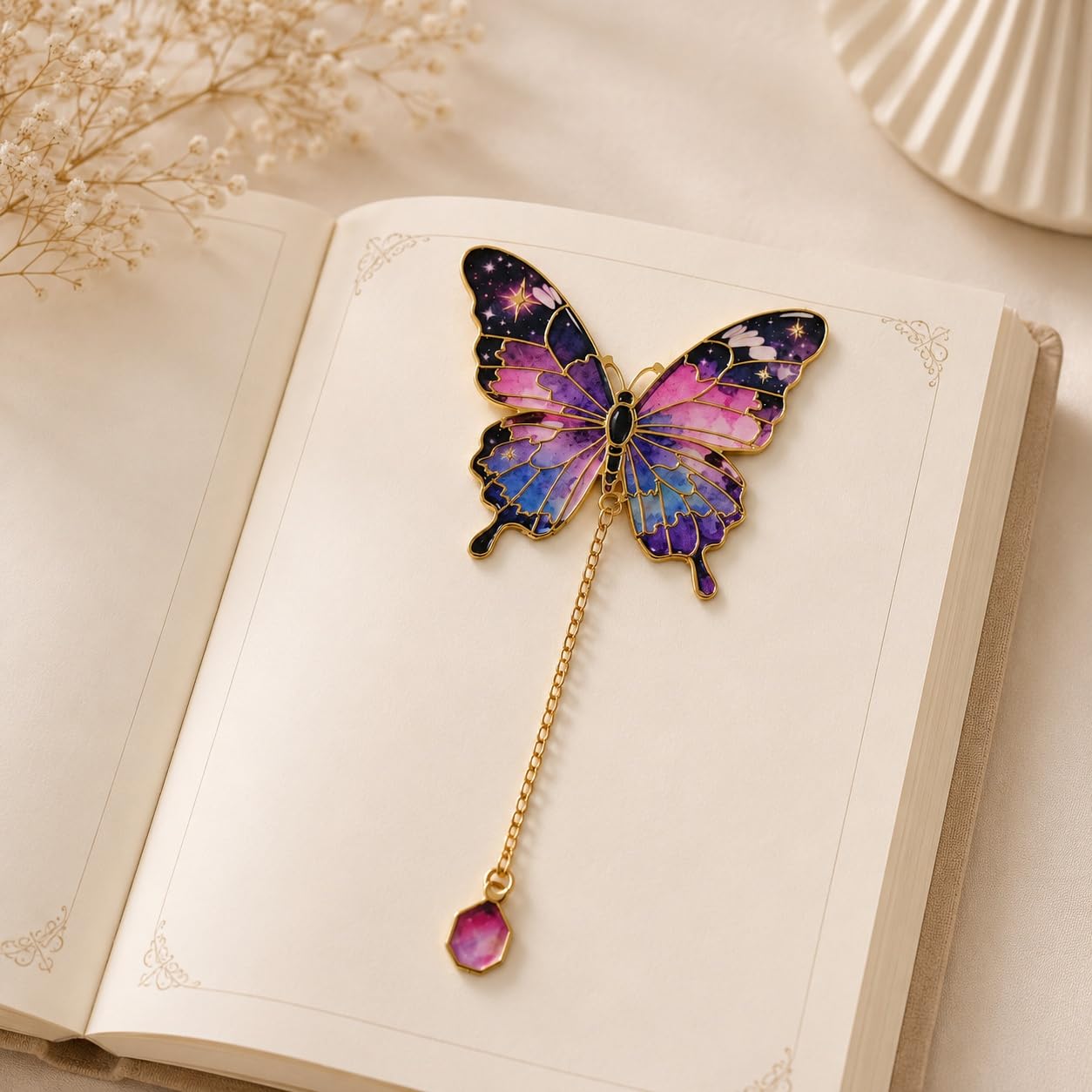 S.A.V.I Butterfly Bookmark Purple Pink Enamel with Chain Charm 14 cm | Colorful Enamel Finish, Durable Alloy Metal, Hanging Charm Pendant, 5 cm x 14 cm Size, For Women & Students