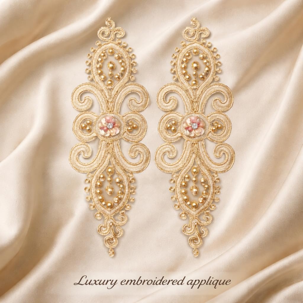 S.A.V.I Pair of Gold Embroidered Sew-On Applique 11 x 35 cm, Floral Paisley Design with Beads & Sequins, Fabric Patch for Blouse, Kurti, Gown & Saree Neckline (Golden)