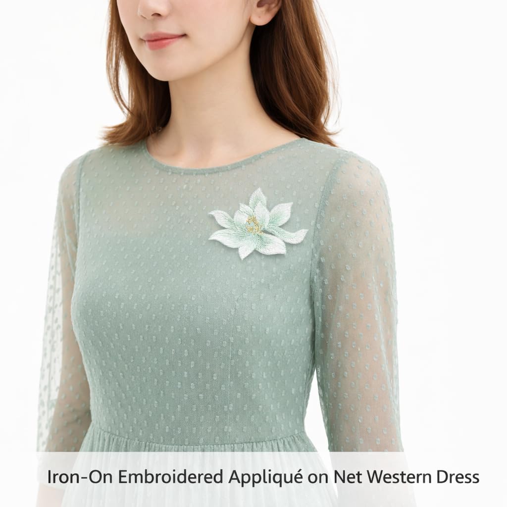 S.A.V.I Green Lotus Flower Iron-On Embroidered Appliqué Patch 8.7 x 6.9 cm | Premium Fabric Floral Motif for Dresses, Kurtis, Sarees, Blouses & DIY Garment Decoration (Green)