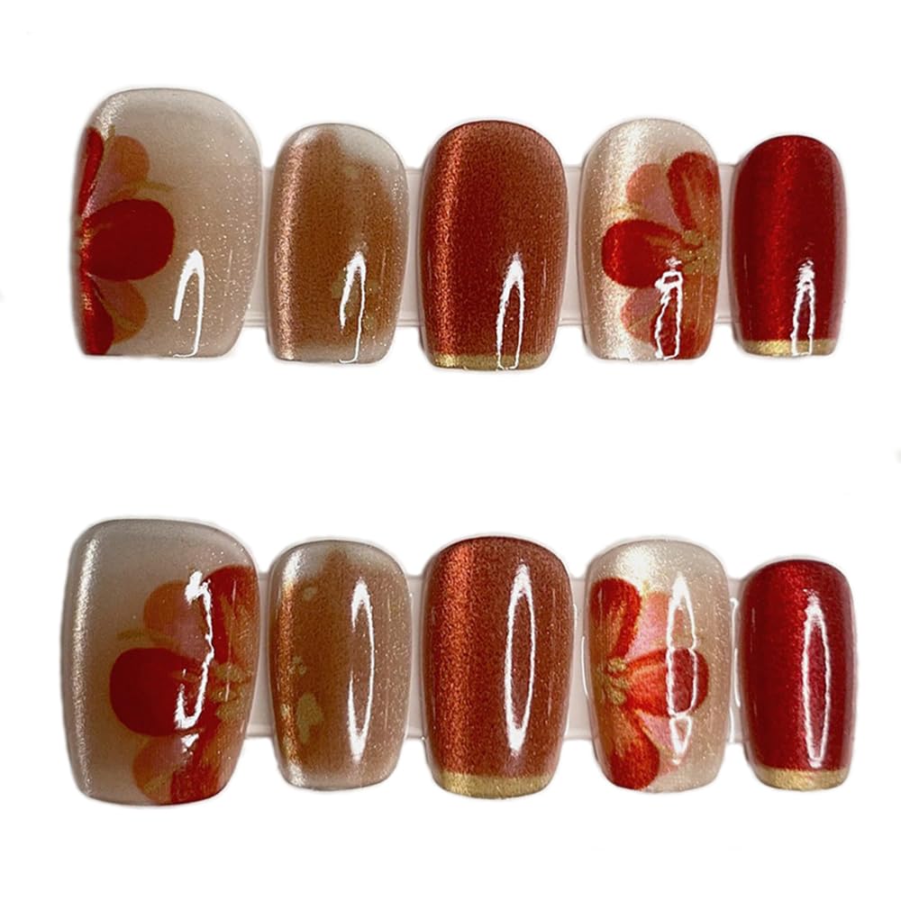 S.A.V.I 10 PCs Handmade Designer False Nails - Medium Length Natural Shape - Red  Rust Orange Cat's Eye with Floral Print - Reusable Press-On Nails for Medium Width - Trendy Nail Art for Stylish Looks
