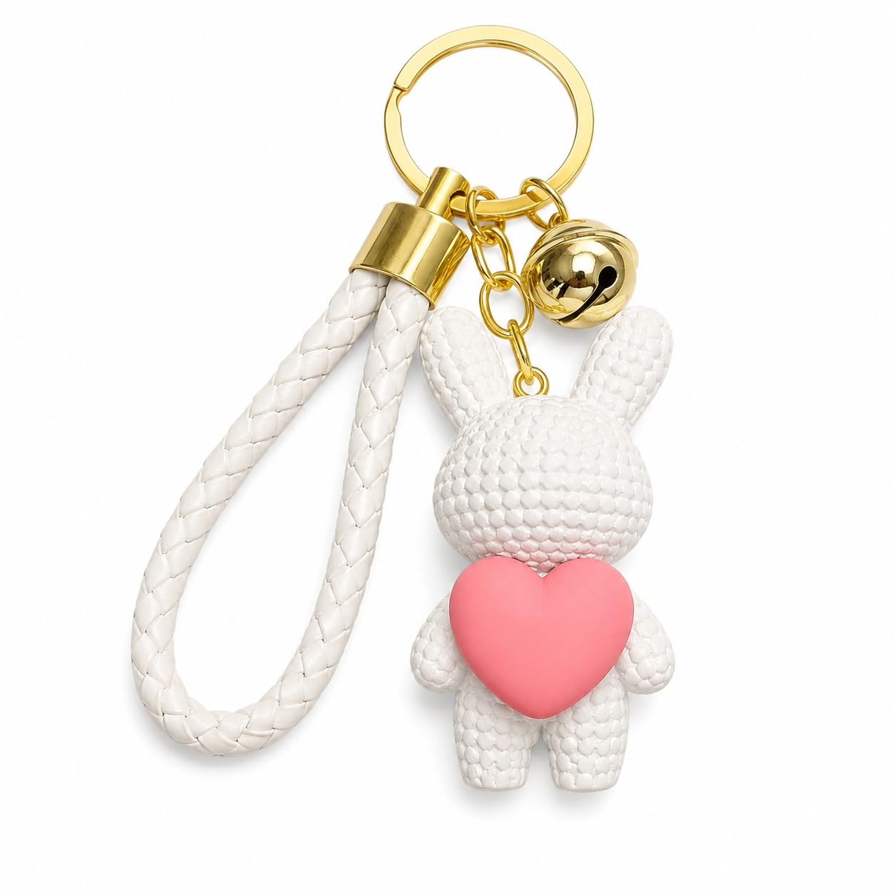 S.A.V.I Resin Rabbit Keychain with Braided Wrist Strap, White Gold | 7 cm Pendant, Pink Heart Accent, Handbag & Backpack Use, for Women & Girls, Braided Wrist Strap