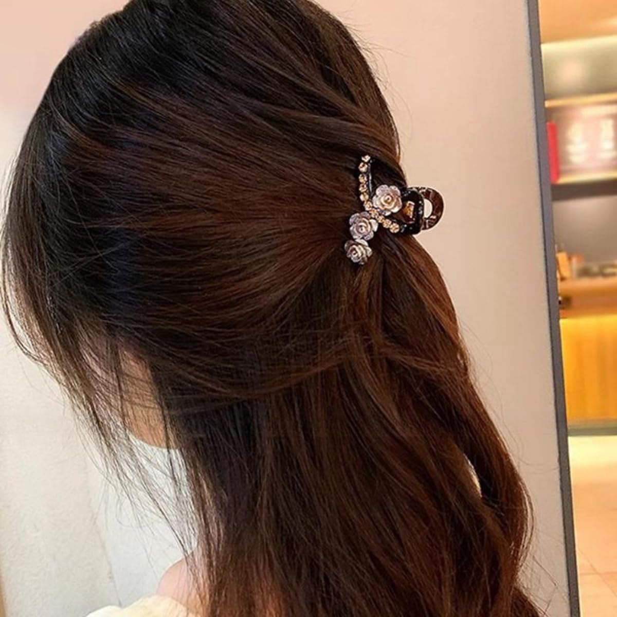 S.A.V.I Mini Brown Hair Claw Clip for Women & Girls – Small Rose Flower Crystal Design – Elegant Decorative Hair Accessory – Stylish Strong Grip Hair Holder for Daily Use & Party