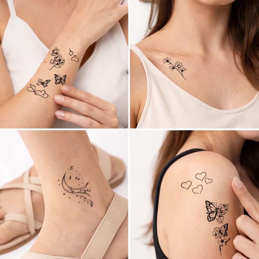 S.A.V.I 30 Sheets Black Floral & Butterfly Temporary Tattoos for Women & Girls (5.7x9.7 cm) – Small Heart, Moon & Flower Designs – Waterproof Safe Non-Toxic Body Art for Hand Arm Shoulder (#318)