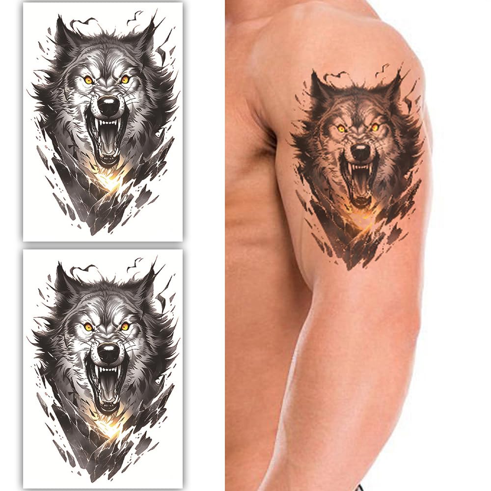 S.A.V.I 2 Large Wolf Temporary Tattoos for Men  Women - Realistic Black Ink, Waterproof Body Art - 19x12cm, Easy Application, Long-lasting Removable Tattoo Stickers for Arm, Shoulder, Chest