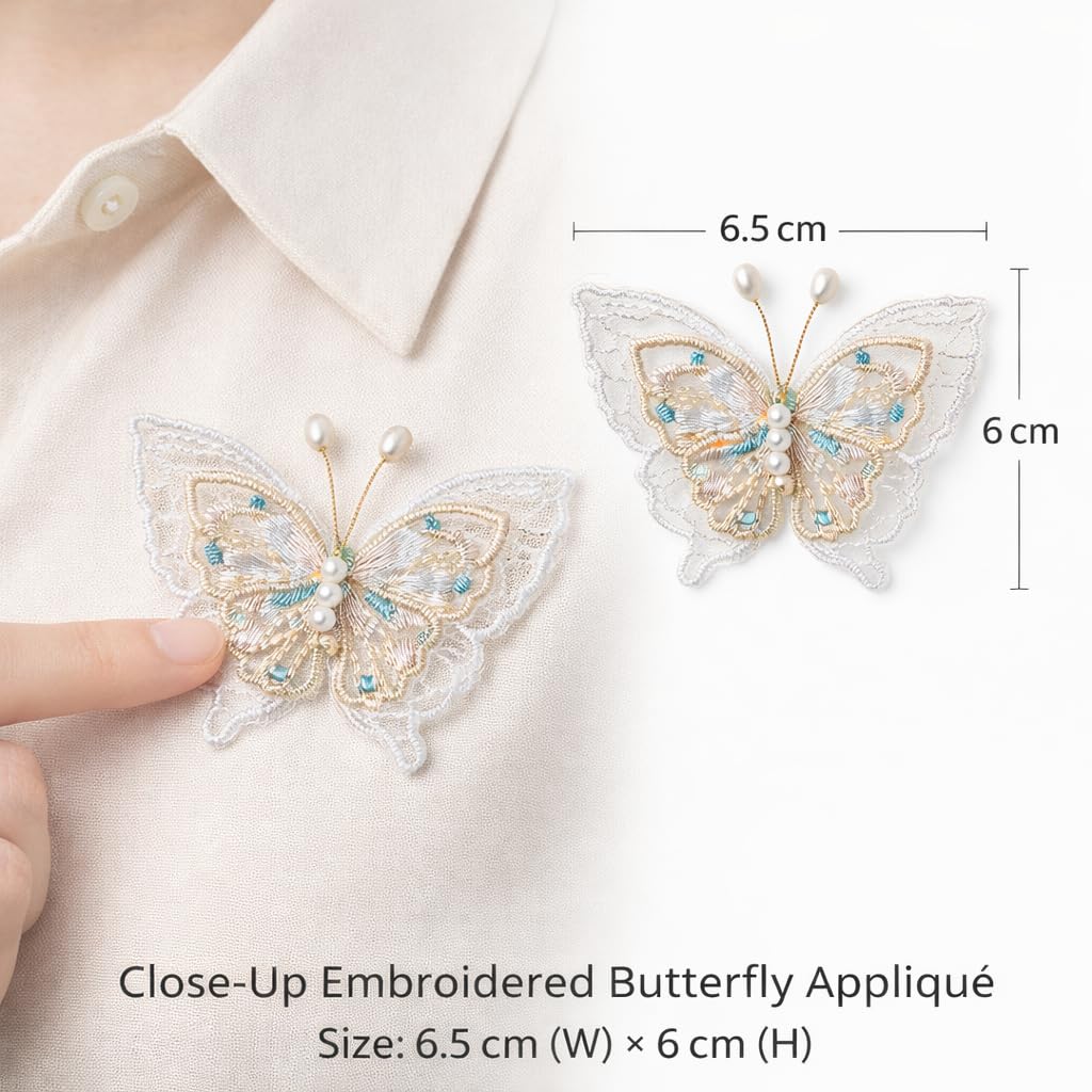 S.A.V.I White & Gold Butterfly Embroidered Sew-On Appliqué Patch Pair 6.5 x 6 cm | Pearl Beaded Lace Fabric Motifs for Dresses, Blouses, Sarees & DIY Craft Decor (Green)