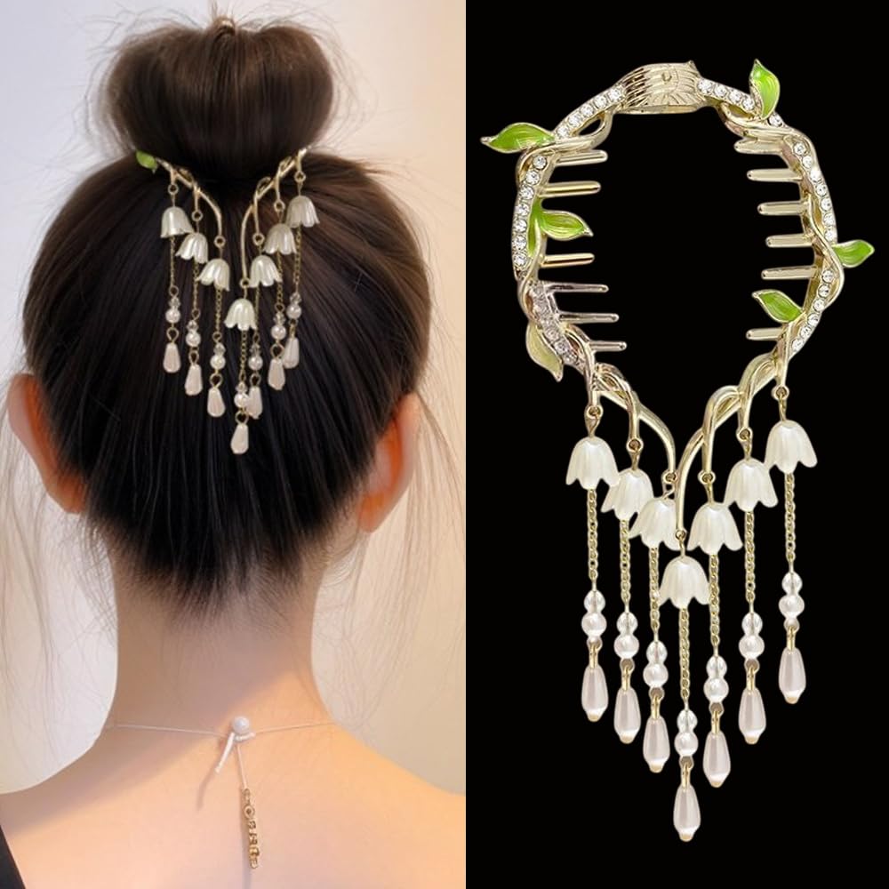 S.A.V.I Elegant Gold Tassel Hairpin with Pearl Orchid Flowers | Decorative Hair Clip for Women  Girls | Wedding  Party Updo Accessory | Dangling Beads Design for Festive  Bridal Looks