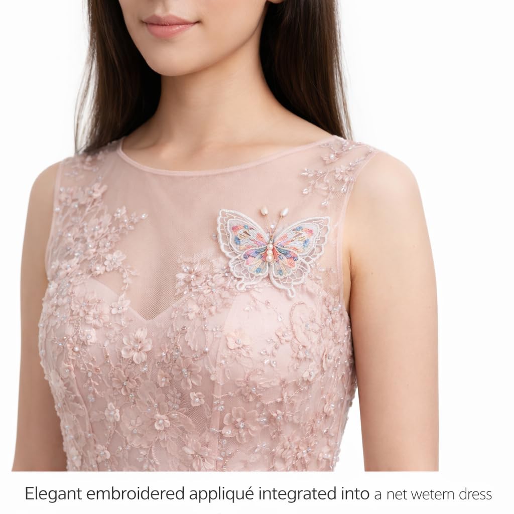 S.A.V.I White & Orange Butterfly Embroidered Sew-On Appliqué Patch Pair 6.5 x 6 cm | Pearl Beaded Lace Fabric Motifs for Dresses, Blouses, Sarees & DIY Craft Decor (Orange)