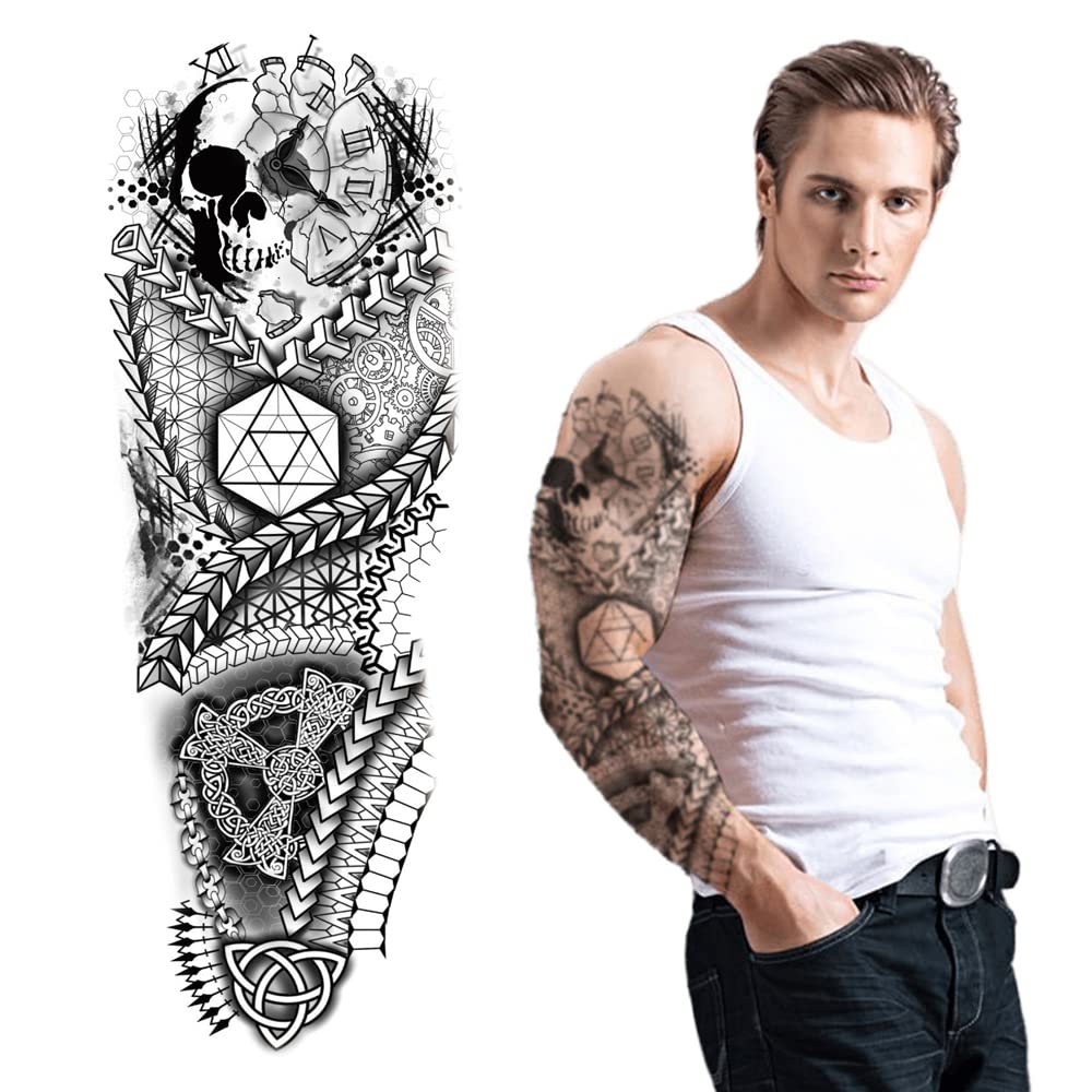 S.A.V.I Full Arm Tattoo, Crazy Skull Clock, Geometrical Temporary Tattoo Sticker, Size 48x17CM