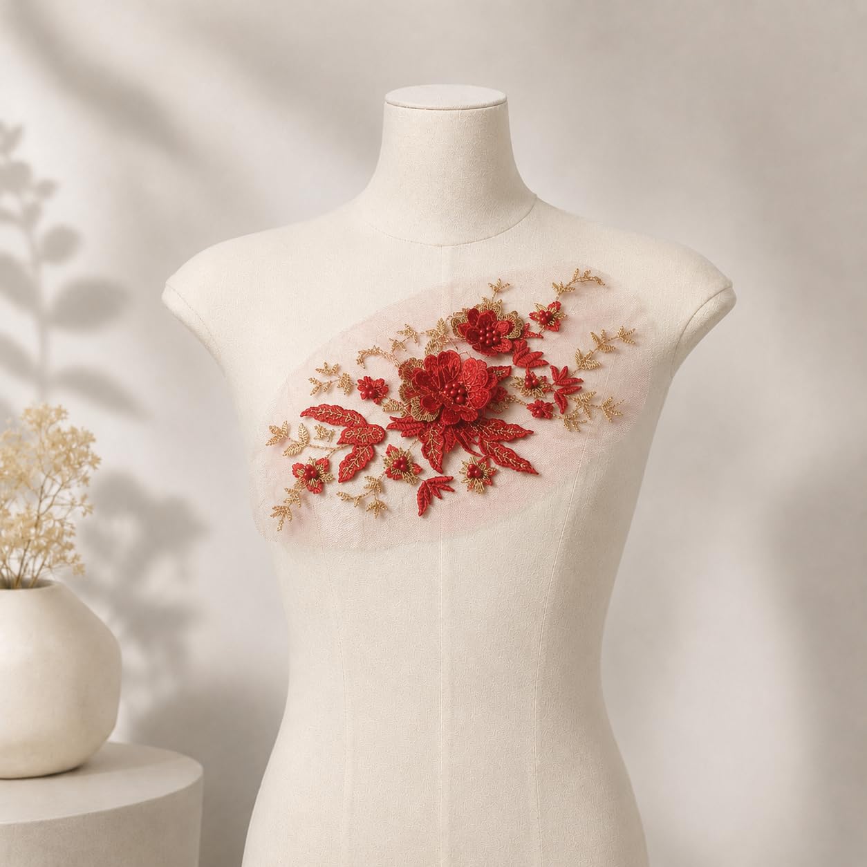 S.A.V.I Floral Embroidery Patch Sew-On Applique Red Gold 29x14cm (Red)|Decorative Lace Motif with Pearl Beads for Kurtas, Saree Blouses, Dresses, Jackets & DIY Craft Customization