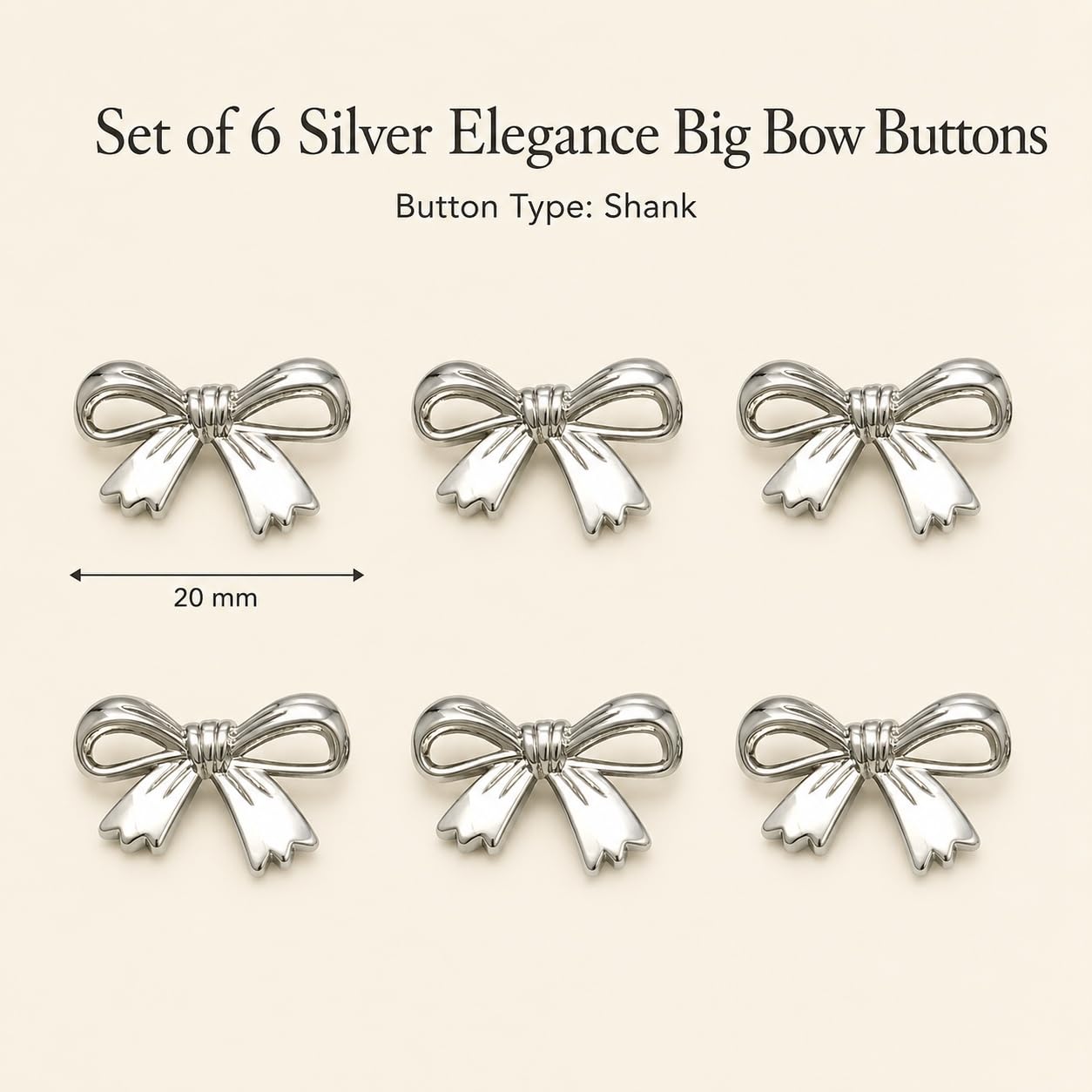 S.A.V.I Bow Buttons Shank Style 20mm for Women & Girls Set of 6 | Silver Tone, Fashion Fasteners, DIY Craft & Sewing, Garment Decoration, Dresses & Blouses