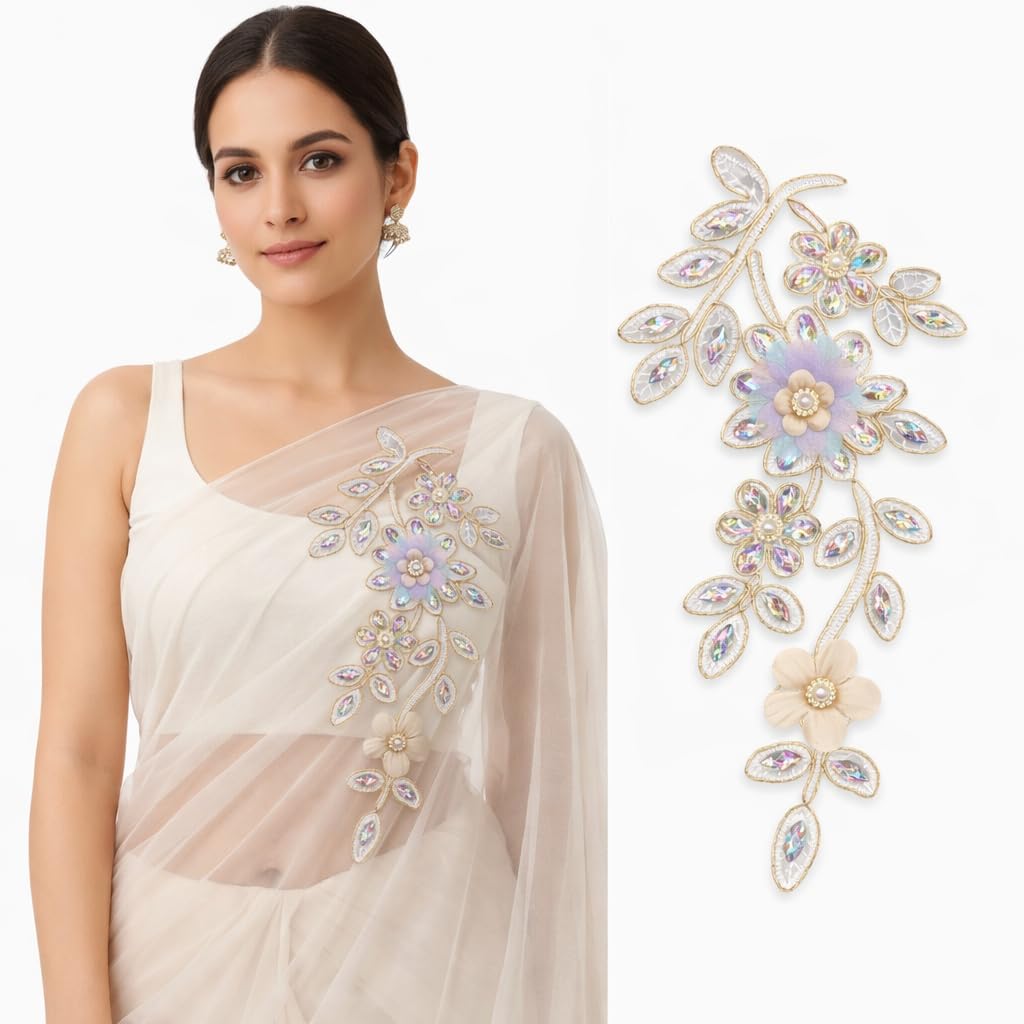 S.A.V.I Platinum Pastel Lavender Floral Vine Embroidered Applique Sew-On Patch, 27 x 14 cm, Beaded Pearl & Stone Work for Ethnic, Bridal & Evening Crafting (Right, Platinum, OneSize)