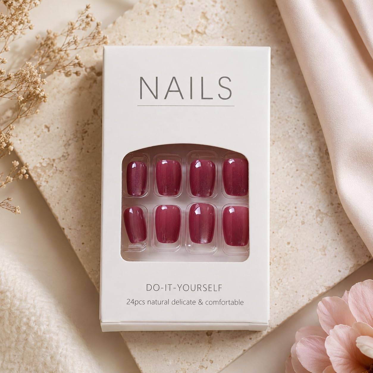 S.A.V.I Press on Nails 30 Pcs Deep Burgundy Medium Coffin | 10 Sizes, Reusable With Adhesive Tabs & Glue For Women, Salon Finish At Home