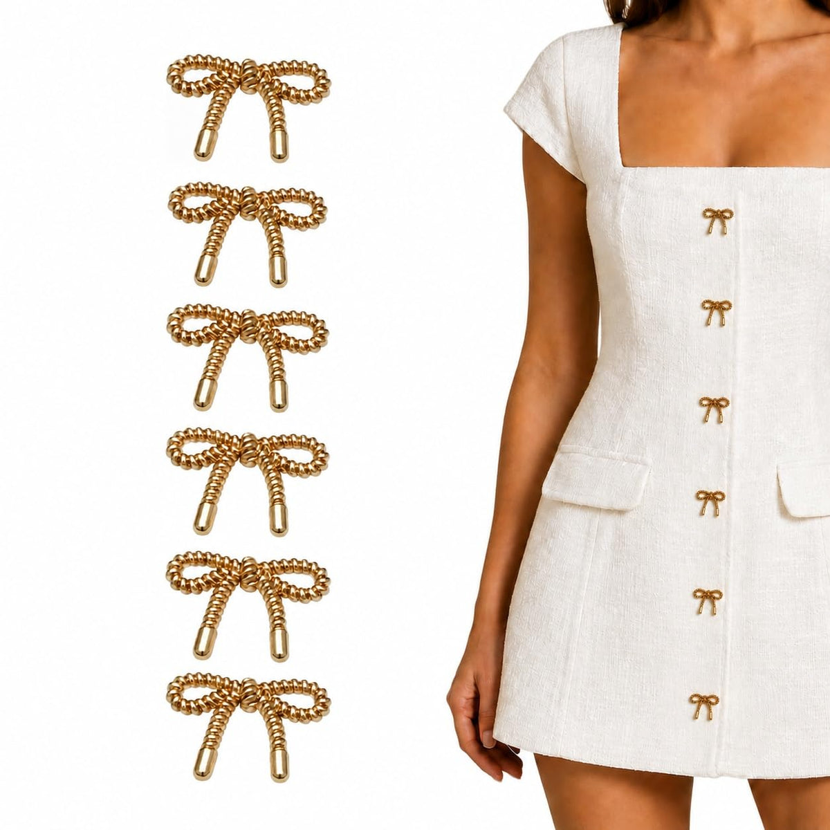 S.A.V.I Golden Bow Buttons for Dresses 20mm, Set of 6 | Gold-Tone Shank Fasteners, Rope-Knot Design, Women's Garments, Decorative Embellishments