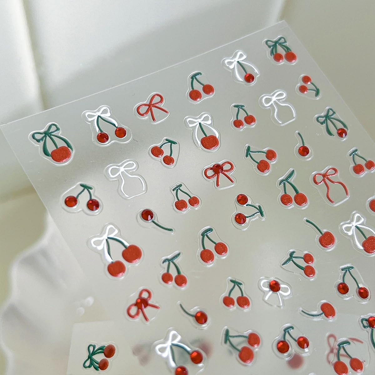S.A.V.I 2 Sheets - 3D Cherry & Bow Nail Art Stickers | Red & Green Rhinestone Gel Resin Self-Adhesive DIY Decals | for Manicure & Nail Decoration