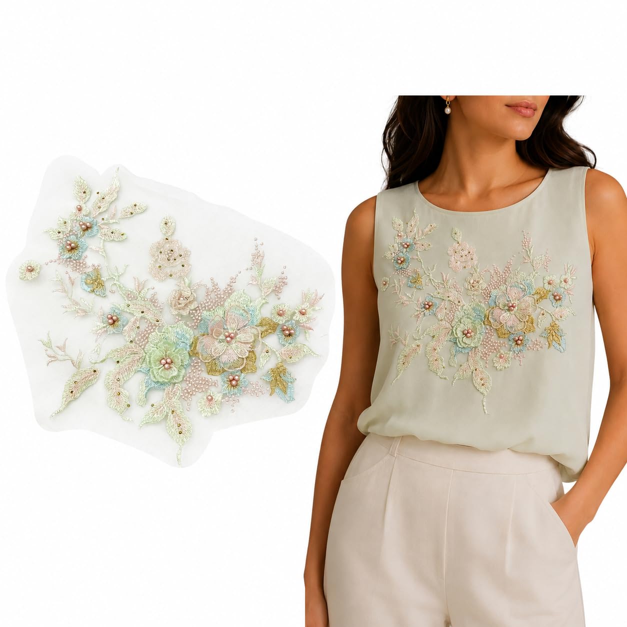 S.A.V.I Big Floral Embroidery Patch Sew-On Applique 36x25 cm|Beige & Pink Mesh Design, DIY Craft Embellishment, For Saree Blouse & Kurta, Hand or Machine Stitch, 1 Pc