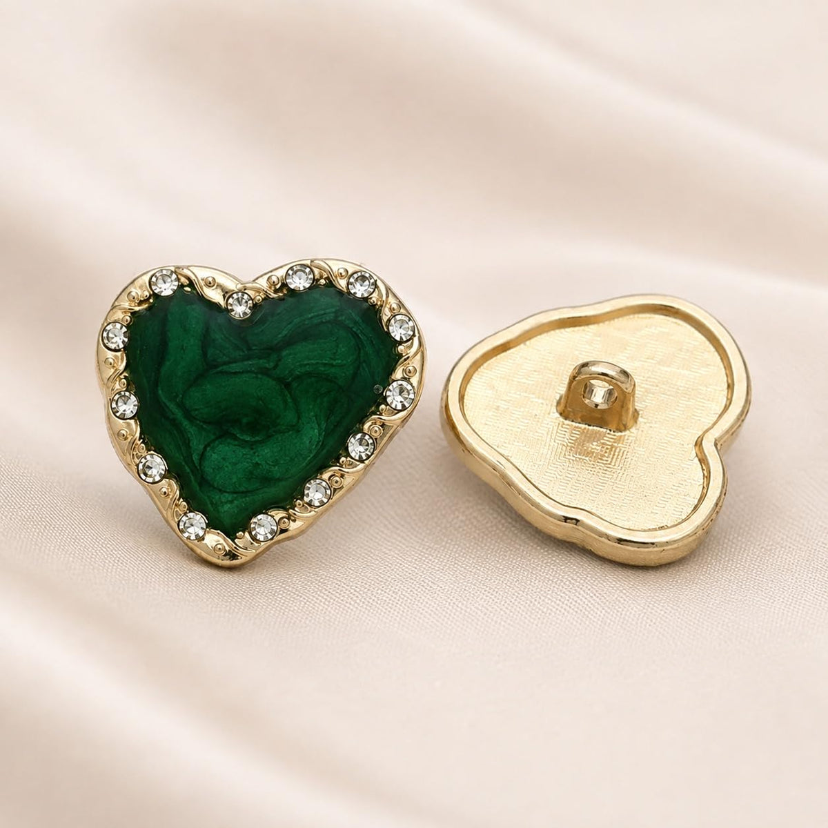 S.A.V.I Heart Crystal Shank Buttons Emerald Green 15mm Set of 5 | Rhinestone Embellishments, Gold-Tone Border, for Blouse & Saree, DIY Sewing, for Kurti & Dress