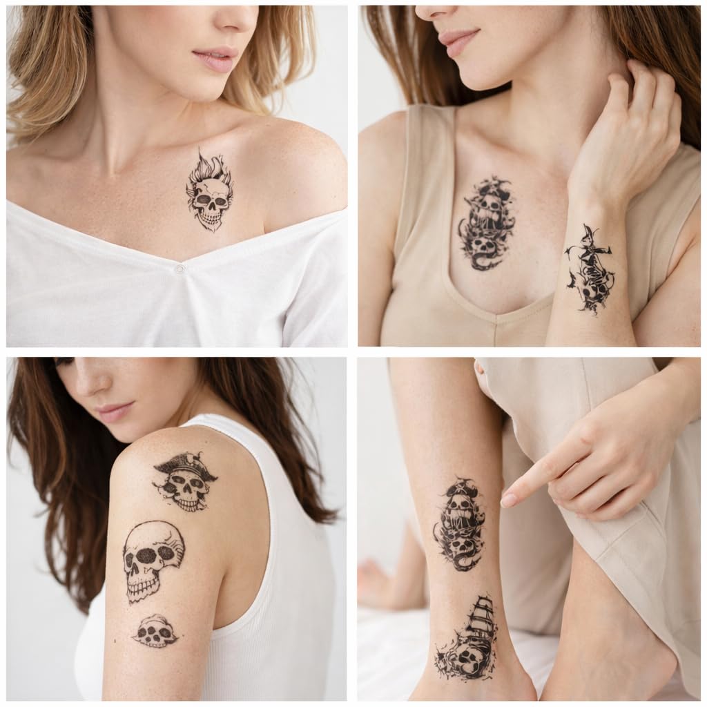 S.A.V.I Black Skull Pirate Temporary Tattoos – 10 Sheets Waterproof Non-Toxic Body Art Stickers for Men & Women, Gothic Punk Design Transfer Tattoos for Arm, Neck & Shoulder (6.8x12 cm) (#331)