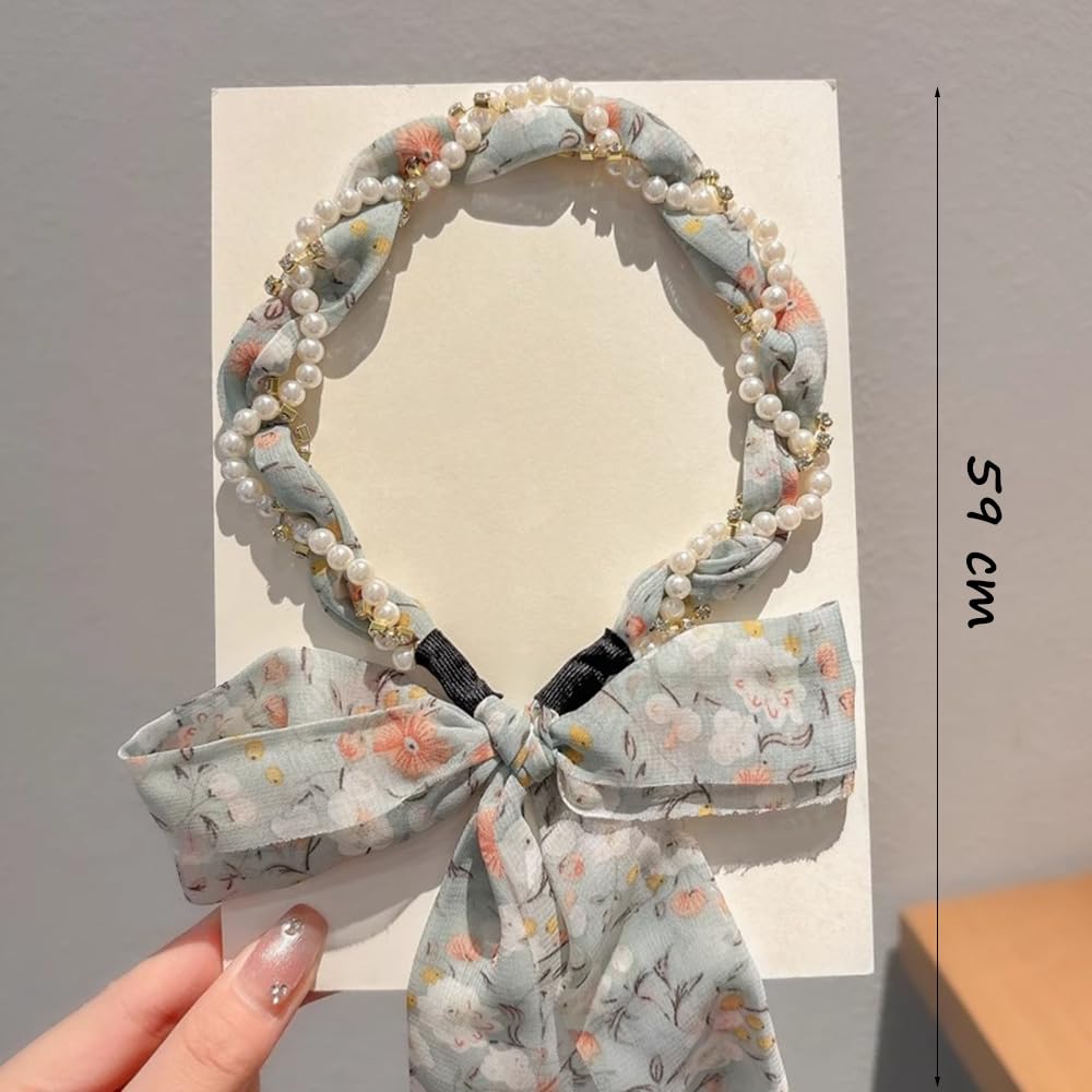 S.A.V.I Floral Light Green Headband for Women & Girls – Soft Fabric Hairband with Pearls & Bow Knot – Handmade Stylish Hair Accessory for Casual, Party & Ethnic (59cm)