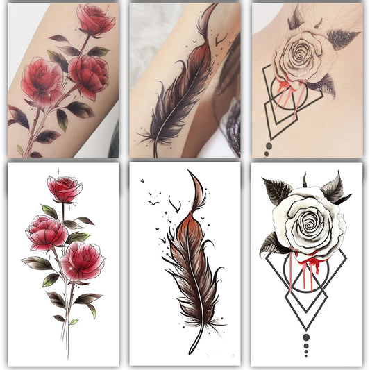 S.A.V.I 3 Pcs Large Temporary Tattoo Sheets for Women – Floral Rose, Feather & Geometric Designs | 16x9 cm Waterproof, Safe & Non-Toxic Body Art Stickers for Arm, Neck, Back – Easy to Apply & Remove (01)
