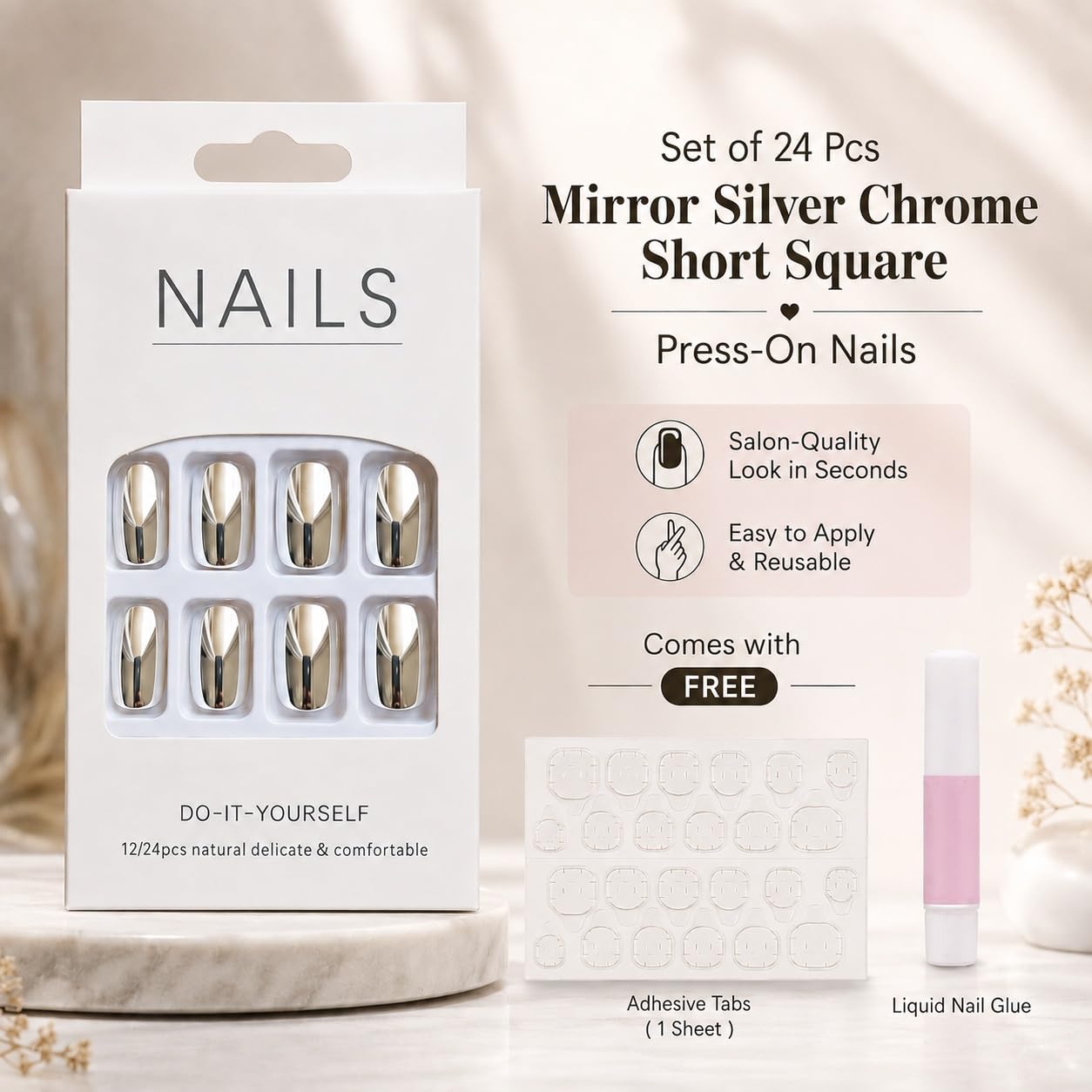 S.A.V.I Press on Nails Short Square Mirror Chrome Silver 24 Pcs