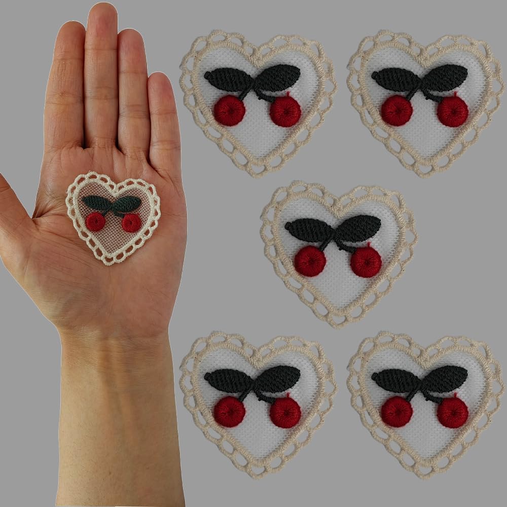 S.A.V.I Heart-Shaped Cherry Blossom Lace Appliqué, 5-Pack, Embroidered Sew-on Patch, Lightweight 0.55g, DIY Embellishment for Clothing  Accessories