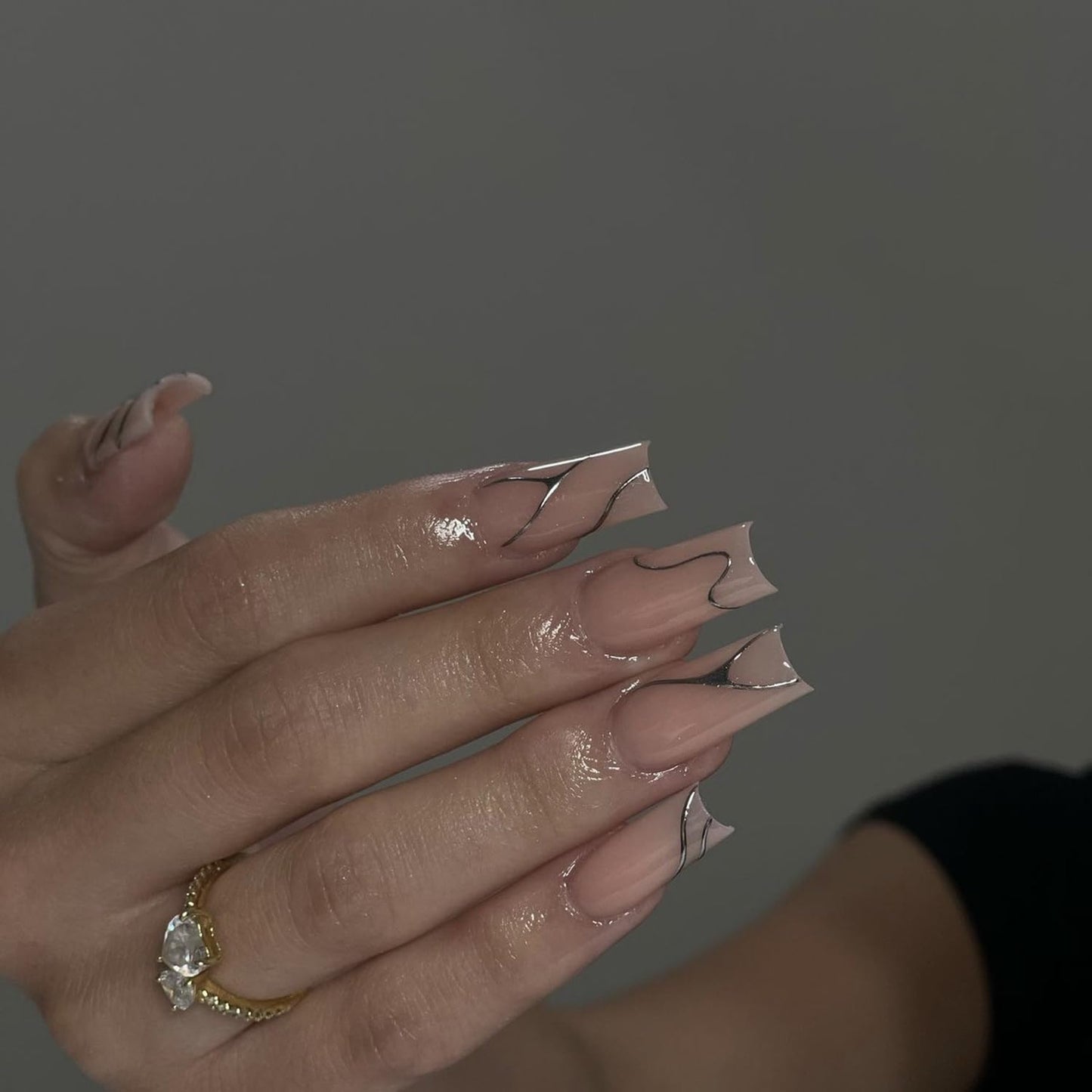 S.A.V.I 24 Pcs Long Square Press On Nails for Women | Glossy Nude Finish with 3D Silver Chrome Wave Design | Reusable Acrylic False Nails Set with Glue & Adhesive Tabs