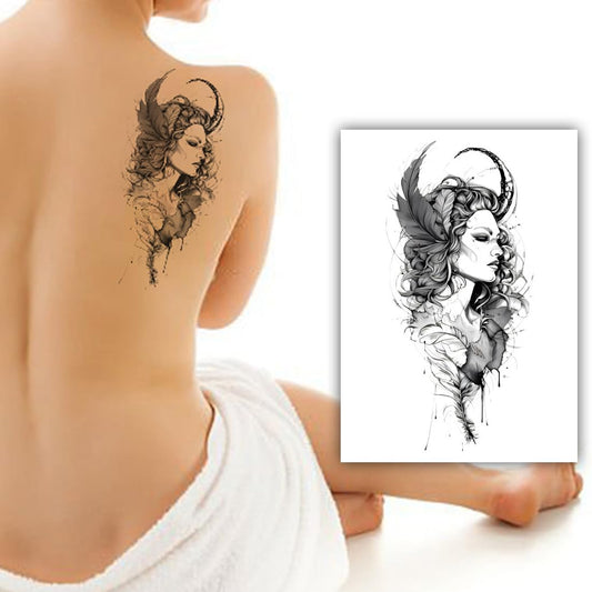 S.A.V.I Large Temporary Tattoo for Men & Women – Black Artistic Goddess with Feather & Horns – 21x11cm Waterproof Body Art Sticker – Non-Toxic, Safe for Arm, Chest, Back – 1 Pc