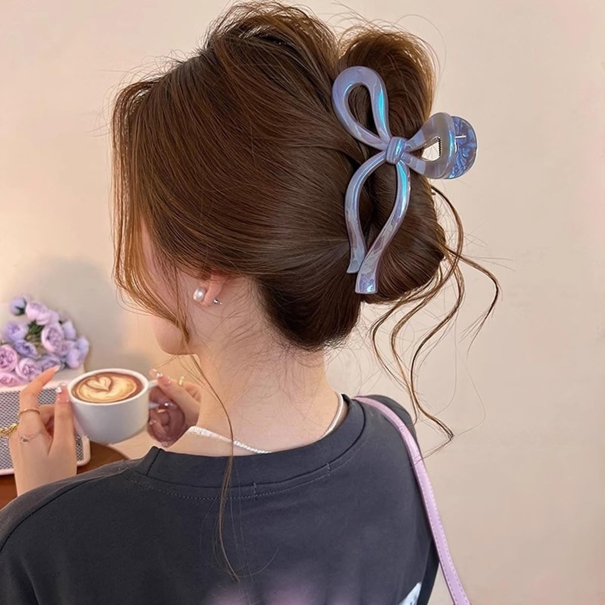 S.A.V.I Large Bow Hair Claw Clip for Women & Girls | 13 cm Jumbo Acrylic Hair Clutch | Mermaid Purple Iridescent Finish | Strong Grip Stylish Elegant Hair Accessory