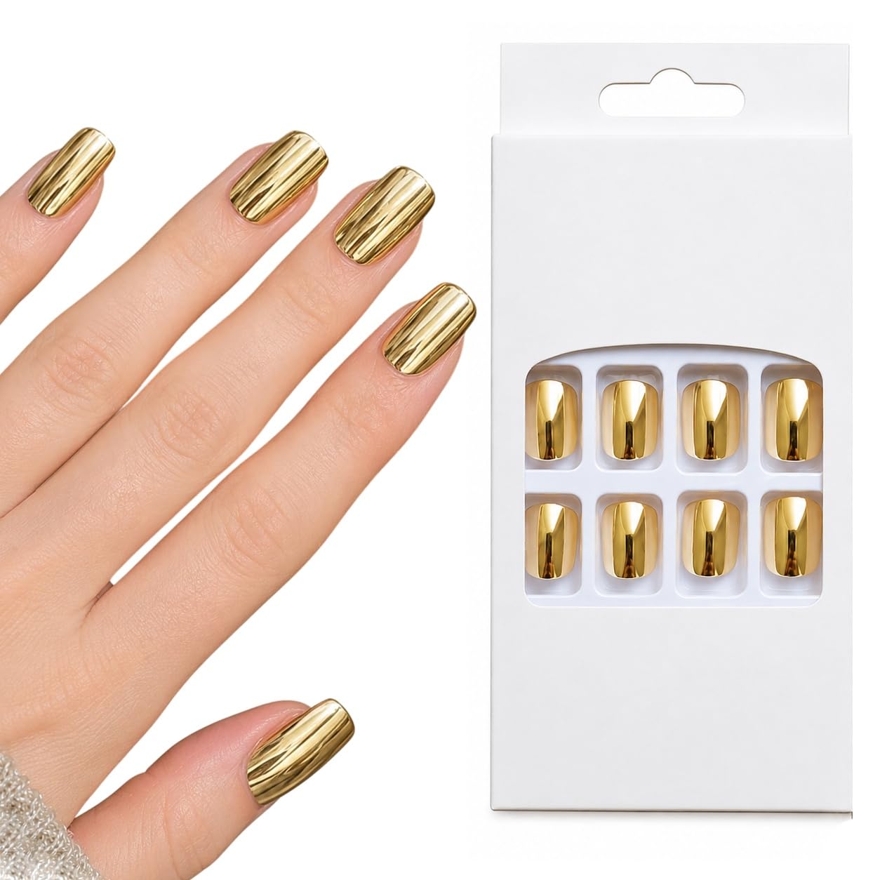 S.A.V.I Press on Nails Gold Chrome Short Square 24 Pcs