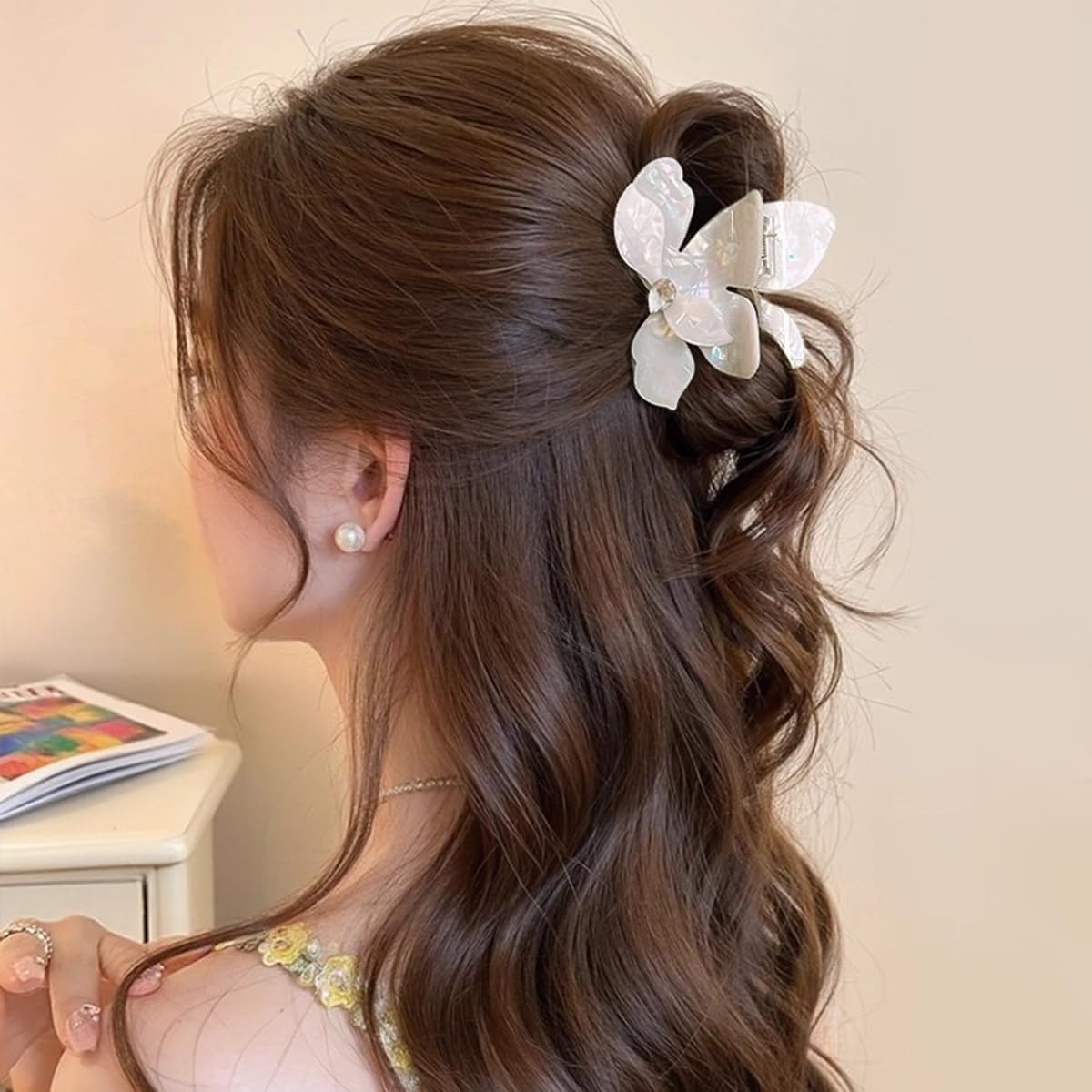 S.A.V.I Mermaid White Butterfly Hair Claw Clip 5.5 cm with Rhinestone Accent, Iridescent Acrylic Floral Design, Strong Grip Hair Accessory for Women & Girls, Half-Up Hairstyle