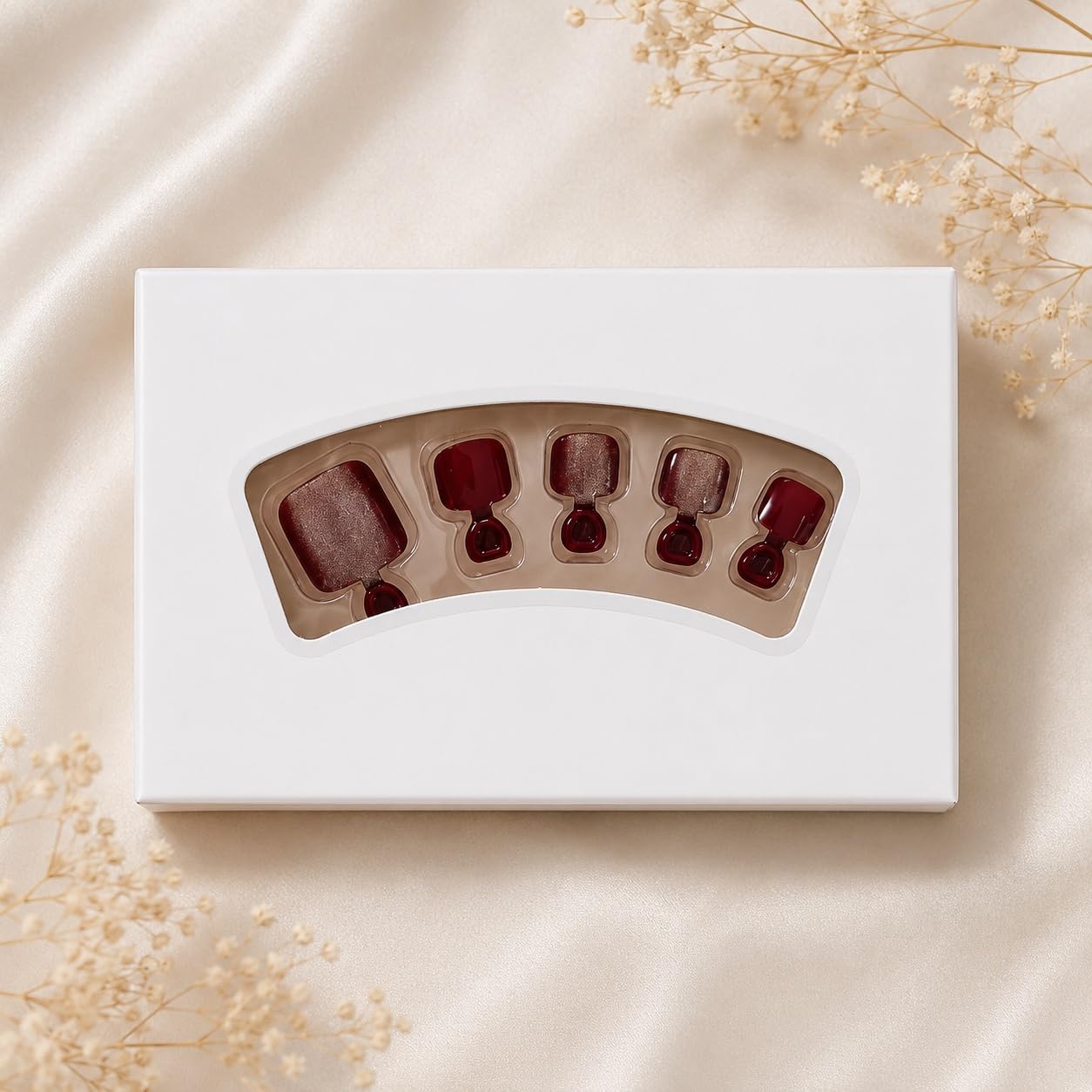 S.A.V.I Wine Red Cat Eye Press on Toenails 24 Pcs | Glossy Square False Toe Nails with Glue & Adhesive Tabs, Natural Fit, DIY Pedicure Kit for Women