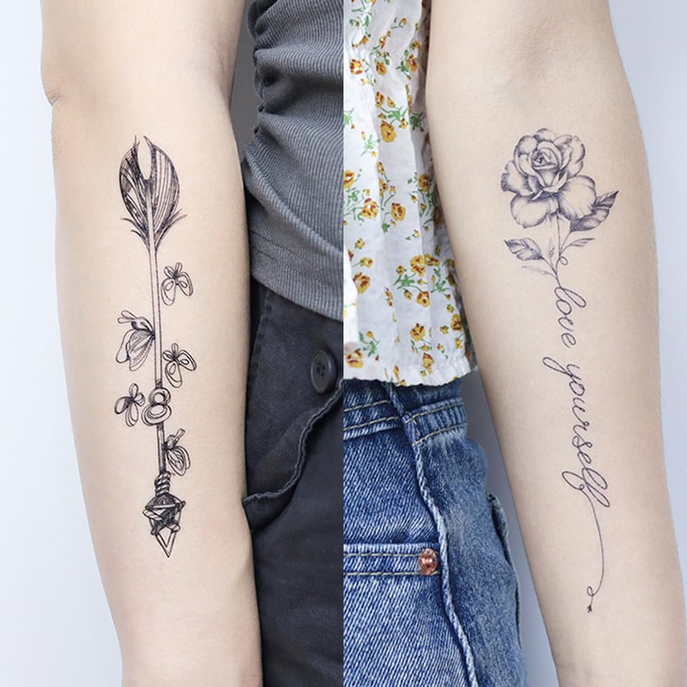 S.A.V.I 3 Pcs Black Temporary Tattoo Sheets for Women & Girls – 16x9cm Safe Non-Toxic Waterproof Body Art with Floral, Arrow & Feather Designs – Easy to Apply & Remove (07)