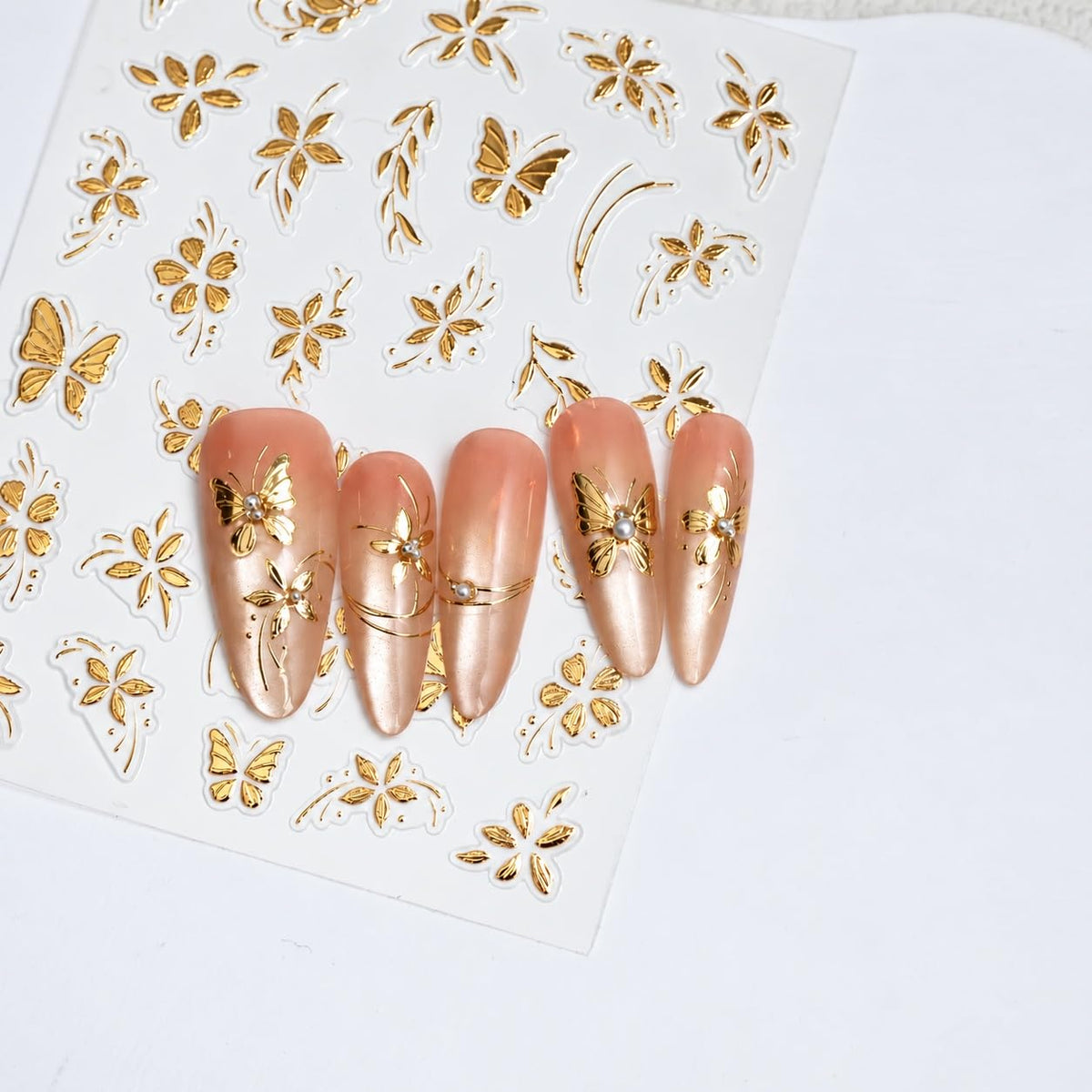 S.A.V.I 3D Nail Art Stickers Self Adhesive Floral Butterfly Pack of 2 | Metallic Gold Decals, DIY Manicure, Easy Peel and Apply, 7 x 9 cm Sheets, for Women and Girls