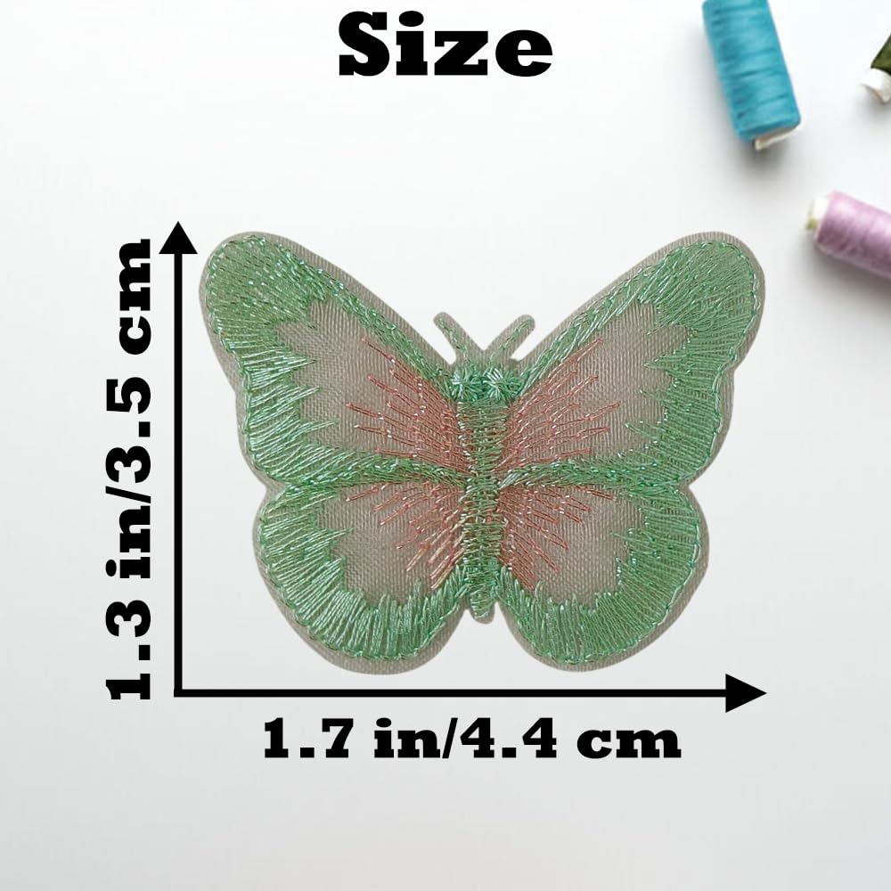 S.A.V.I 6 Pcs Sew-On Embroidered Butterfly Patches – Mint Green & Blush Pink, Sheer Mesh Fabric, 4.4 x 3.5 cm Decorative Appliqué for Dresses, Blouses, Crafts & DIY (Green-Pink)