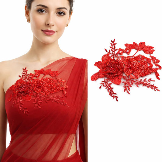 S.A.V.I Red 3D Floral Embroidered Appliqué Patch 20x25 cm | Handmade Net Thread Sew-On Lace Motif for Saree, Lehenga, Gown & Blouse Design (Red)