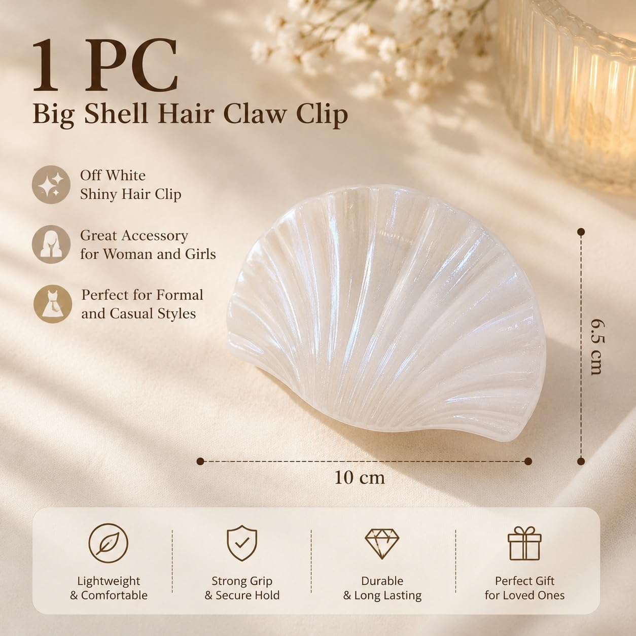 S.A.V.I Shell Hair Claw Clip for Women, Large Off White 10 cm | Iridescent Resin, Secure Grip, Thick & Long Tresses, Party & Office Styling, Daily Use
