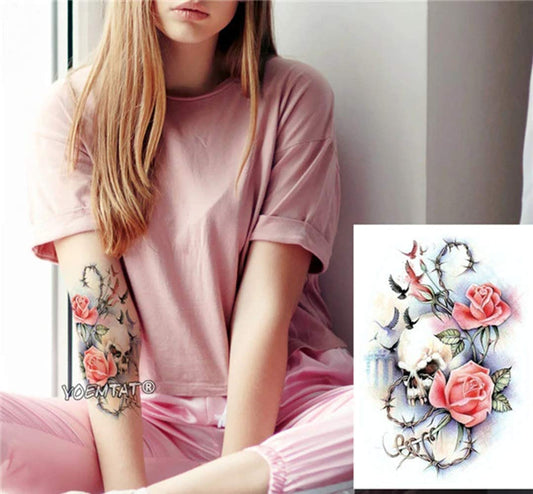 S.A.V.I Temporary Tattoo For Girls Men Women 3D Skull Cross Pink Rose Flower Sticker Size 21x15cm - 1pc. (159-1)