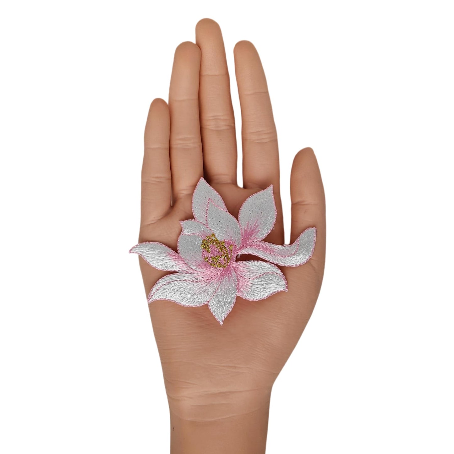 S.A.V.I Pink Lotus Flower Iron-On Embroidered Appliqué Patch 8.7 x 6.9 cm | Premium Fabric Floral Motif for Dresses, Kurtis, Sarees, Blouses & DIY Garment Decoration (Pink)