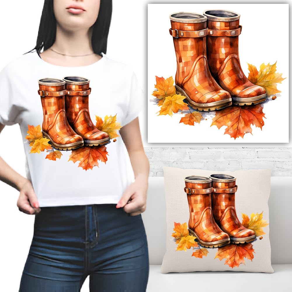 S.A.V.I Autumn Style Iron-On Patch - Brown Boots with Leaves Design, 8.5x7 Inches, Washable Heat Transfer Sticker for DIY T-Shirts, Hoodies, Bags, Pillows  More – Easy-to-Apply Applique for All Fabrics