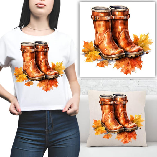 S.A.V.I Autumn Style Iron-On Patch - Brown Boots with Leaves Design, 8.5x7 Inches, Washable Heat Transfer Sticker for DIY T-Shirts, Hoodies, Bags, Pillows  More – Easy-to-Apply Applique for All Fabrics