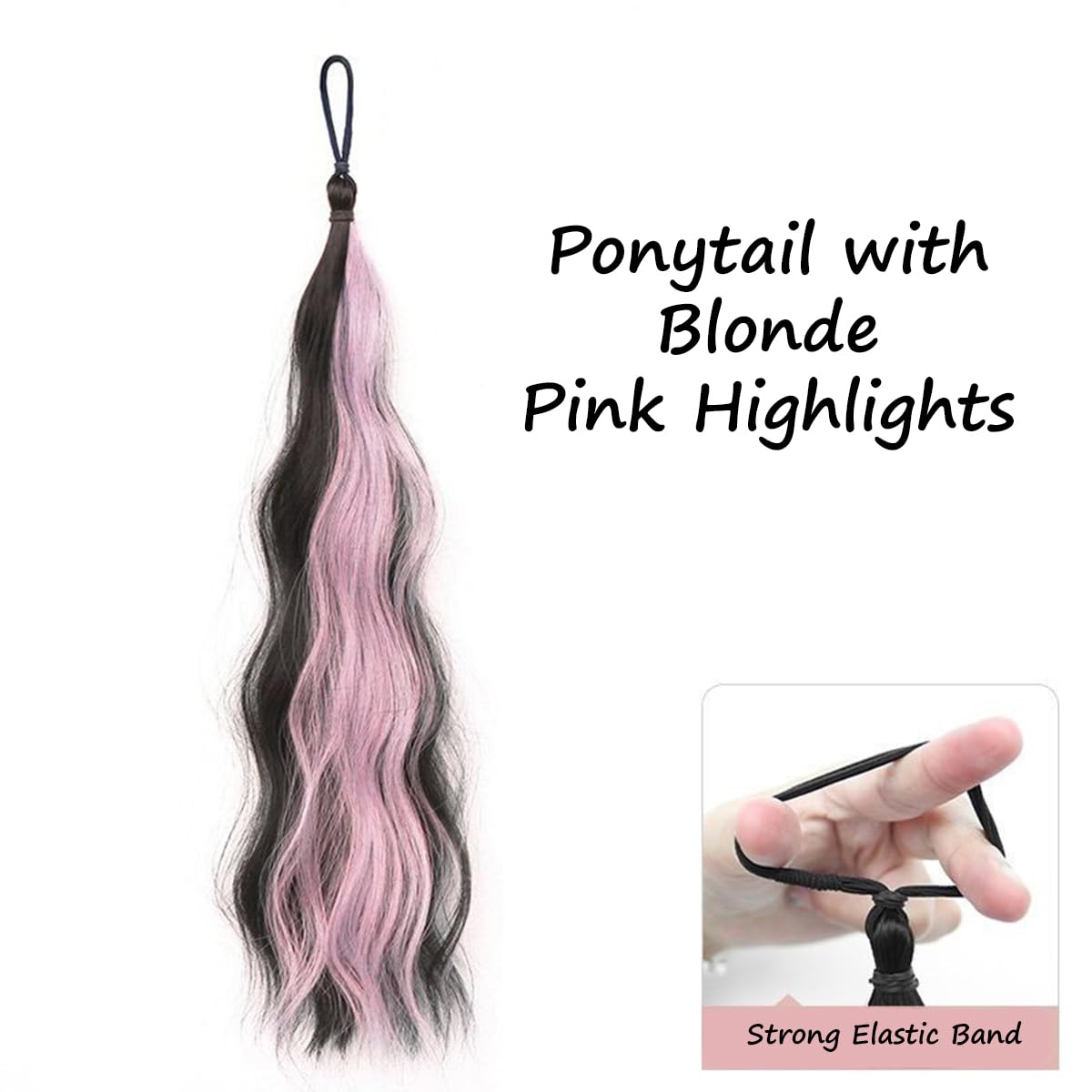 S.A.V.I Black & Pink Highlight Ponytail Hair Extension for Women & Girls | 55 cm Wavy Synthetic Clip-On Hairpiece with Elastic Band | Braiding Pony Tail for Party, Cosplay & Daily Styling