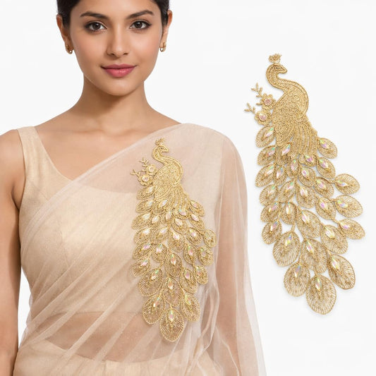 S.A.V.I Gold Peacock Embroidered Sew-On Appliqué Patch 14 x 30 cm | Zari Thread, Beads & Stone Designer Motif for Blouse, Kurti, Gown & Saree