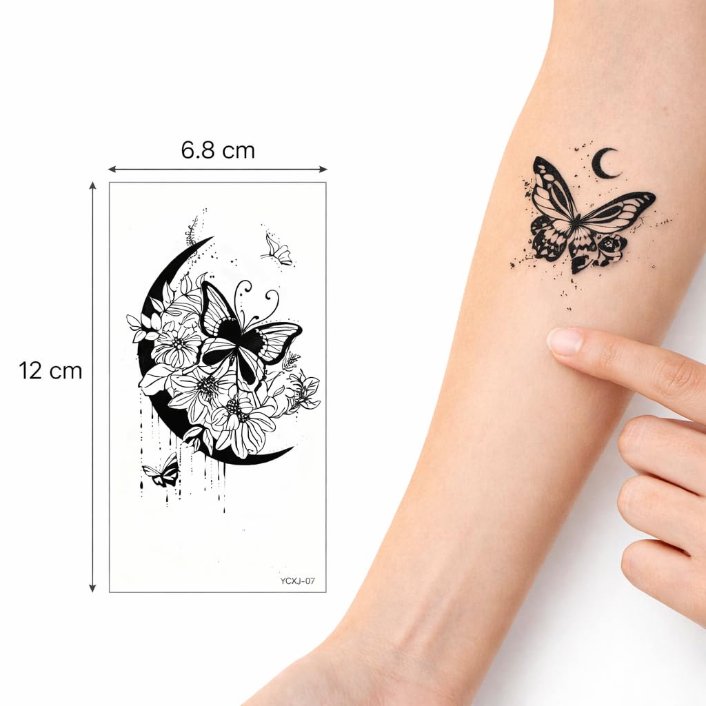 S.A.V.I Black Butterfly & Floral Moon Temporary Tattoo (10 Sheets), 6.8x12 cm Large Waterproof Body Stickers, Safe Non-Toxic Realistic Arm Shoulder Collarbone Design for Women & Girls (#325)