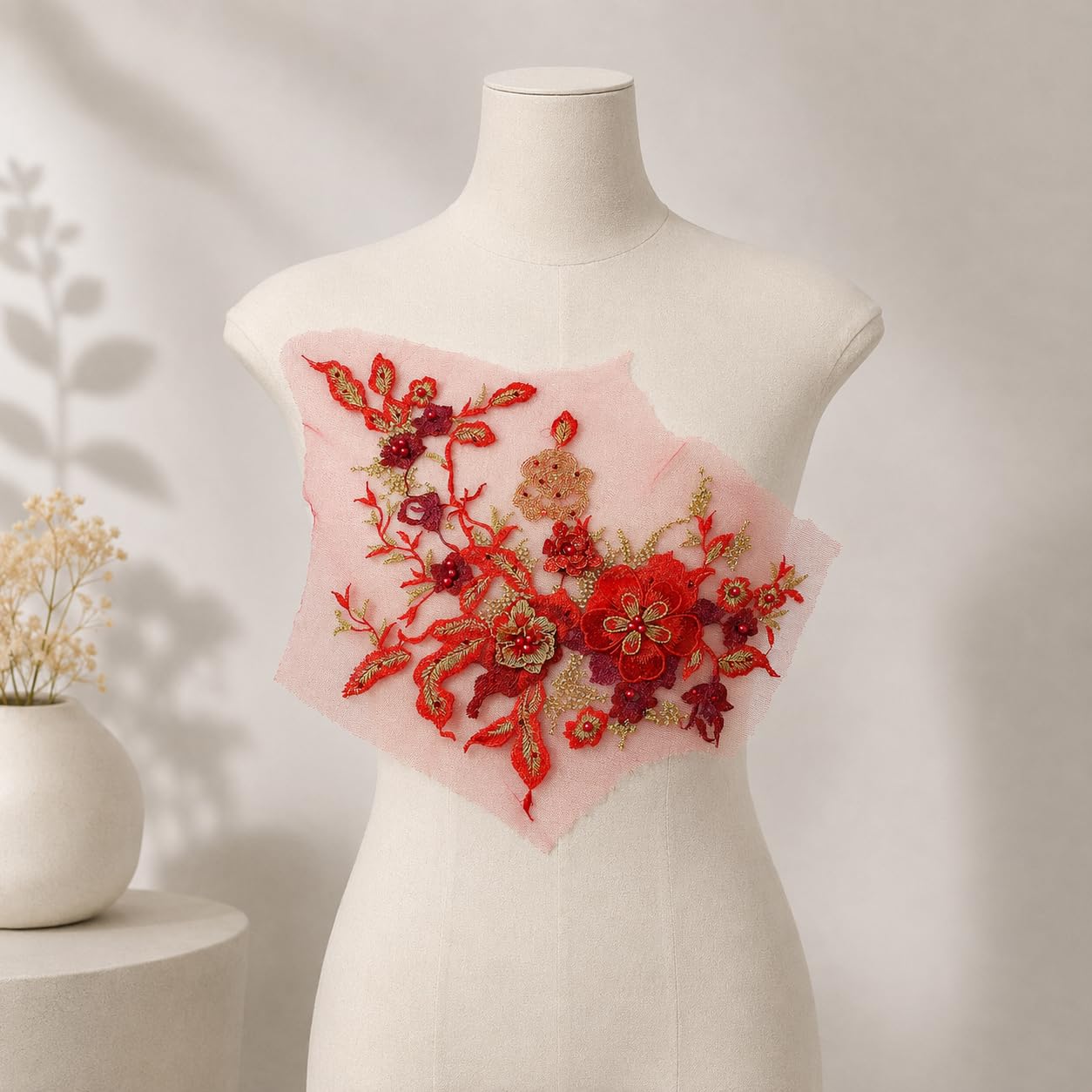 S.A.V.I Floral Embroidery Patch Sew-On Applique Red & Gold DIY|36 x 25 cm Mesh Lace Motif for Dresses, Kurtas, Blouses & Tops, Hand Stitch Embellishment for Women