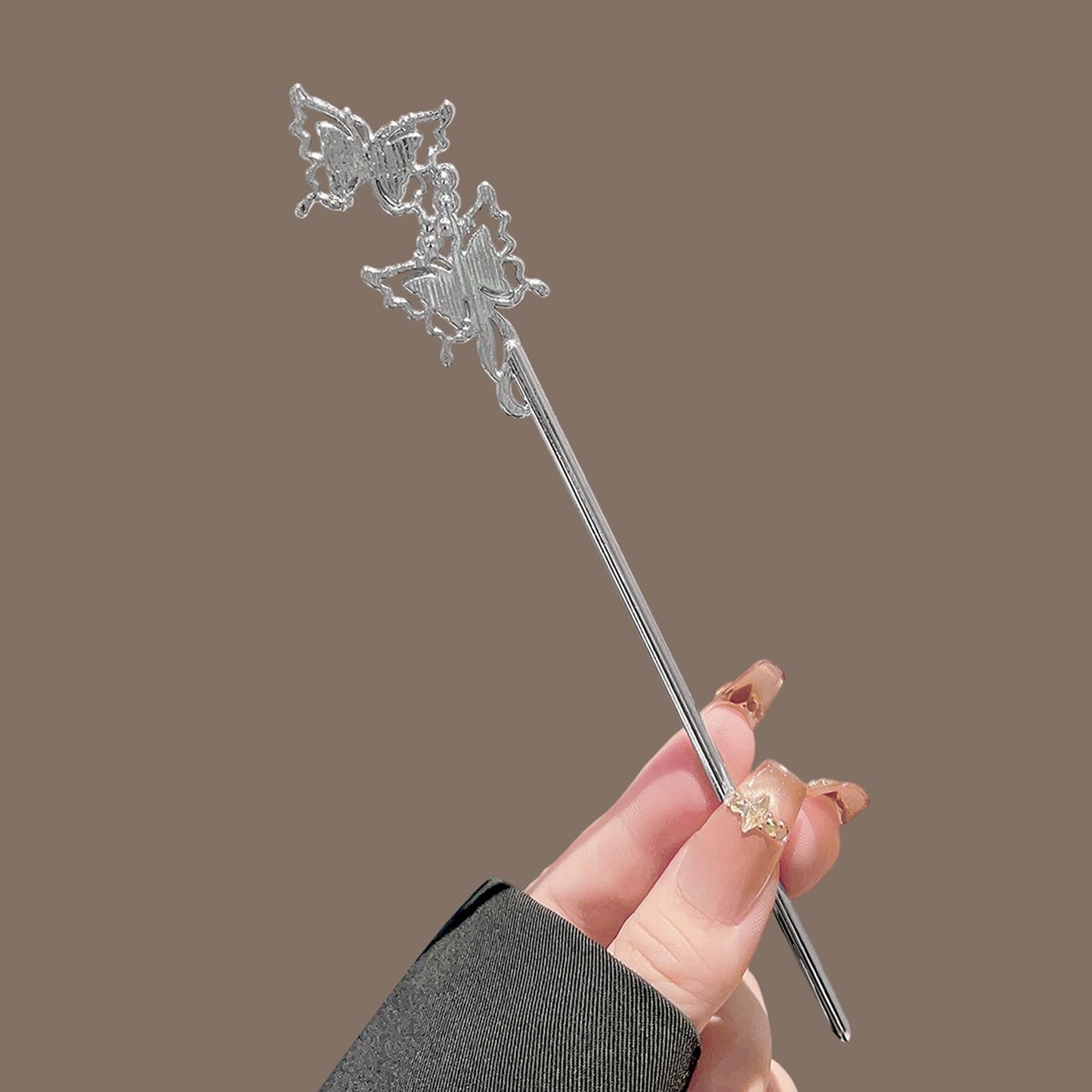 S.A.V.I Moonstone Butterfly Hair Stick Silver Blue 18 cm, Silver-Blue Alloy Bun Accessory, Lightweight, Elegant Updo Holder for Daily, Parties & Festive Looks