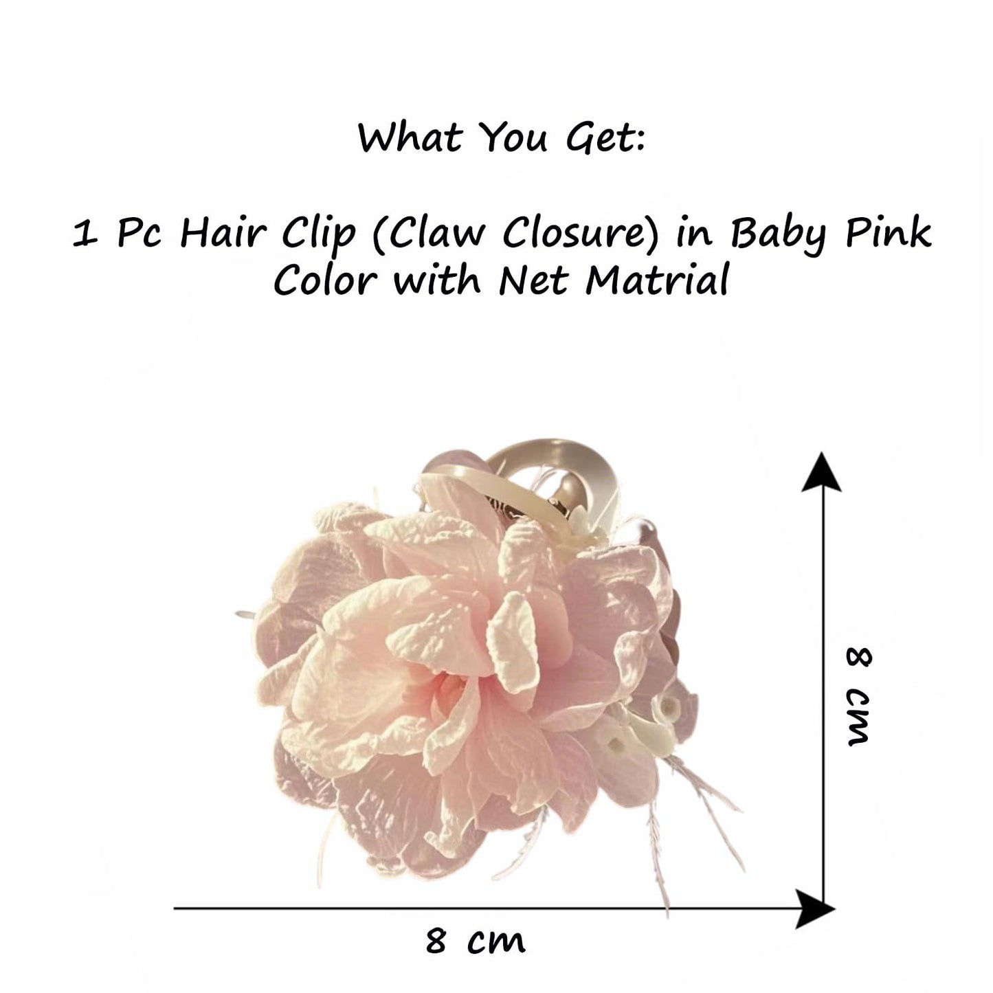 S.A.V.I Baby Pink Floral Hair Claw Clip for Women & Girls, 8 cm Rose Design, Lightweight Net Fabric with Strong Plastic Claw, Korean Style Hair Accessory for Daily, Party & Casual