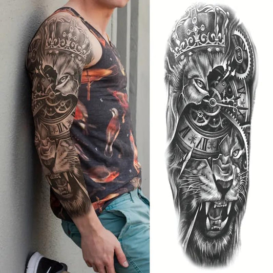 S.A.V.I Full Arm Lion King Temporary Tattoo for Men (48x17cm) – Black Realistic Sleeve Design with Clock & Gears | Waterproof, Long-Lasting, Safe Body Art for Party, Gym, Festive Look
