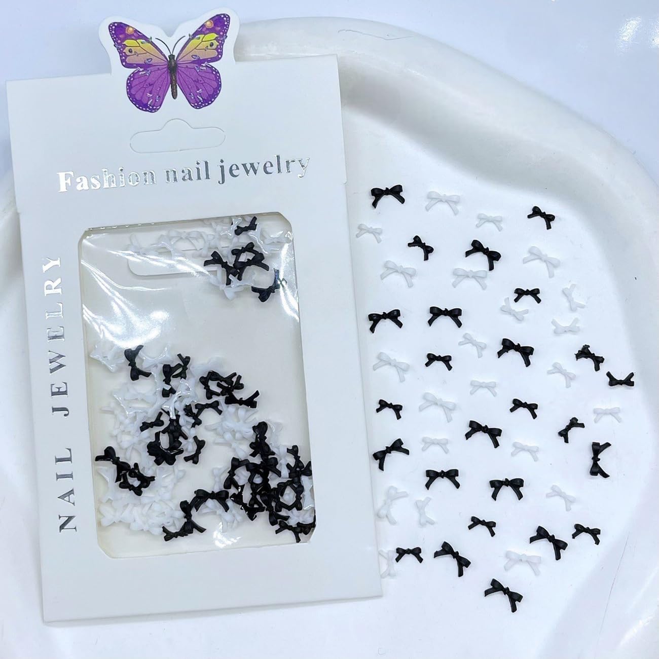 S.A.V.I 3D Bowknot Nail Art Charms Black & White | Mini Bow Shape 3x5mm & 4x7mm | Resin Nail Jewellery for DIY Nails | Pack of 70 Pieces